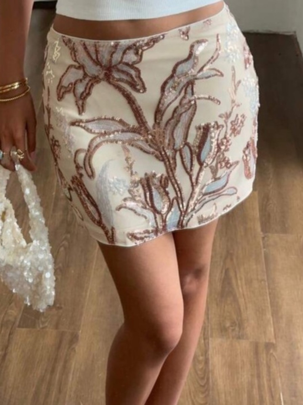 Sequin Floral Mini Skirt in Cream